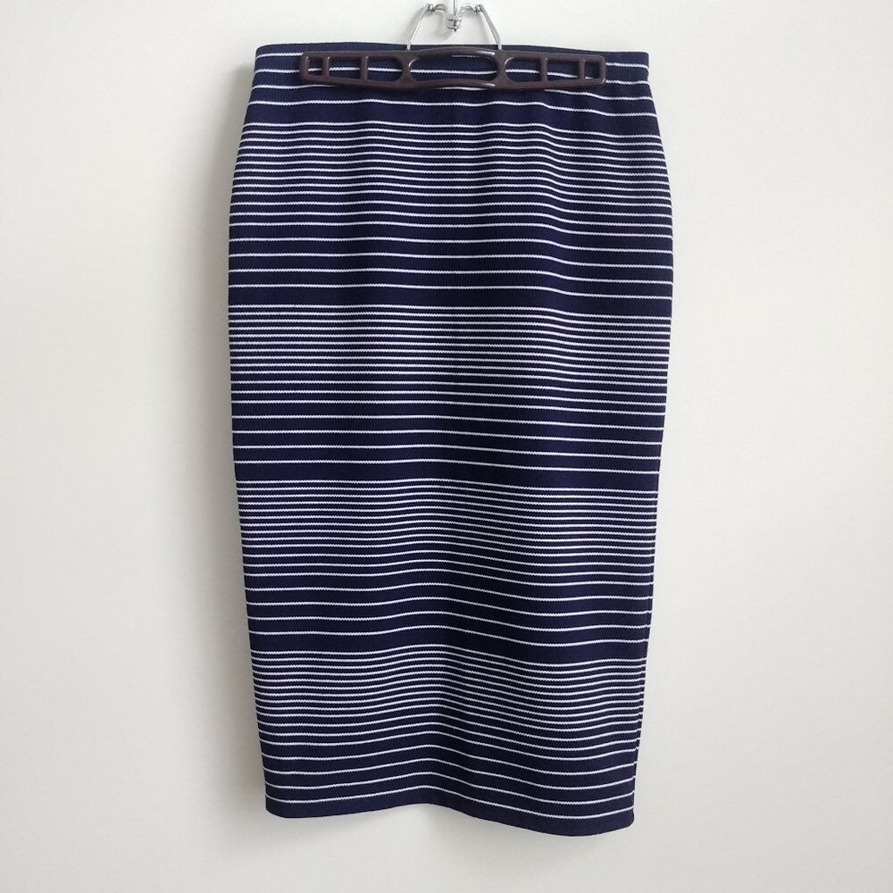 Max Studio knit stretch long fitted midi skirt navy blue white stripes Small